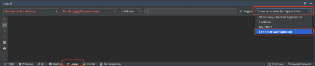 How to add logs filters steps in Android Studio - image