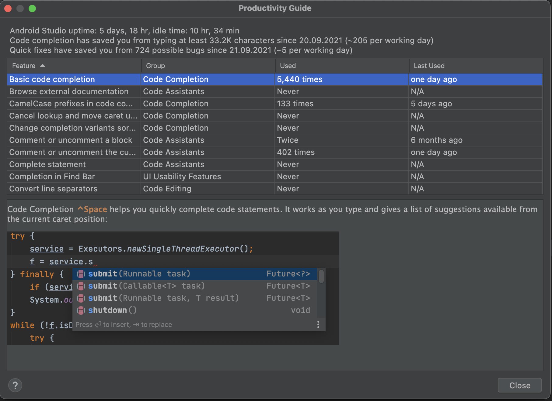 Android Studio Productivity Guide panel