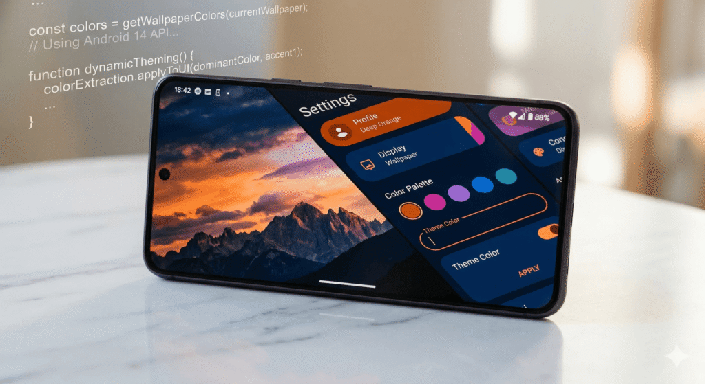 Android smartphone screen showing the WallpaperColors API extracting dynamic theme colors from a sunset wallpaper into Material You UI elements.