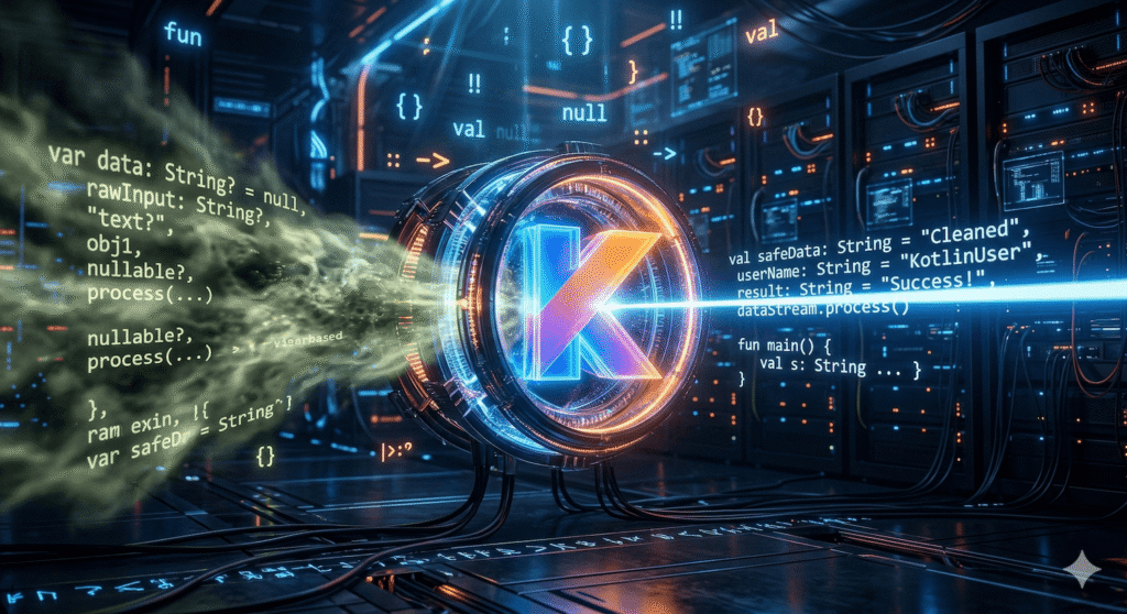 A futuristic digital visualization of Kotlin code being refined through a glowing lens, representing how Kotlin Contracts help the compiler with type narrowing and null safety.