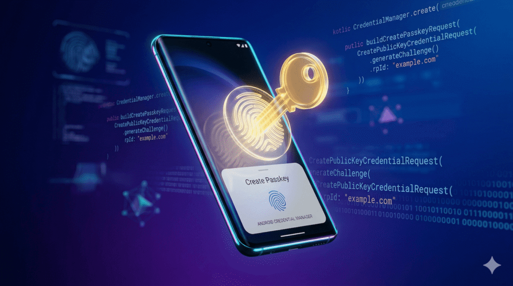 A futuristic smartphone displaying a glowing 3D passkey and fingerprint icon to represent the Android Credential Manager authentication framework.