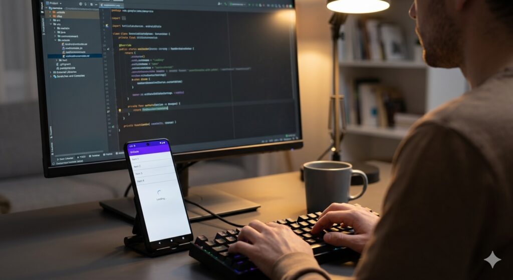 A computer monitor displaying Kotlin code in a dark-themed IDE, representing modern Android and Kotlin development.