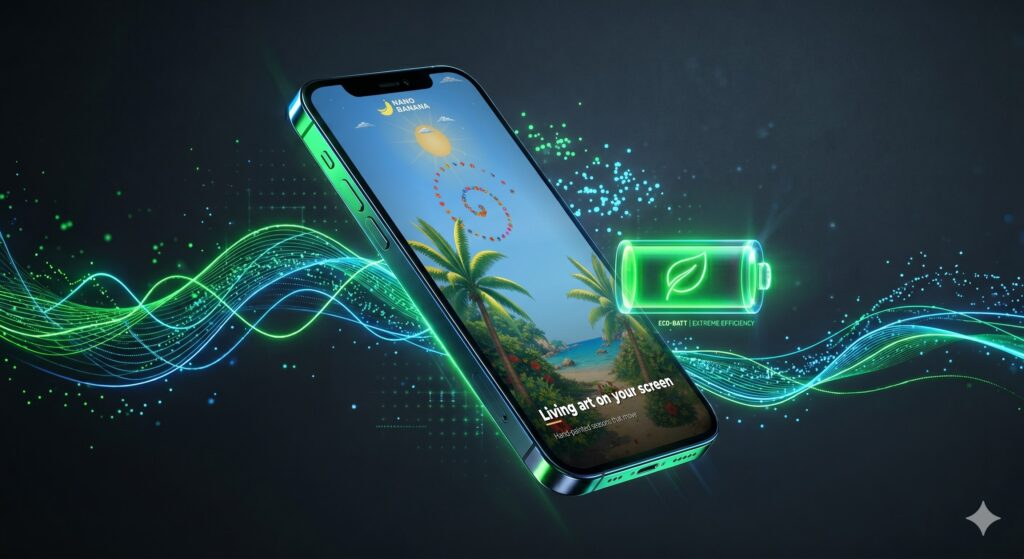 A modern smartphone floating at an angle, displaying a vibrant live wallpaper shifting from autumn to winter, surrounded by glowing neon data streams and an efficient battery icon with a green leaf.