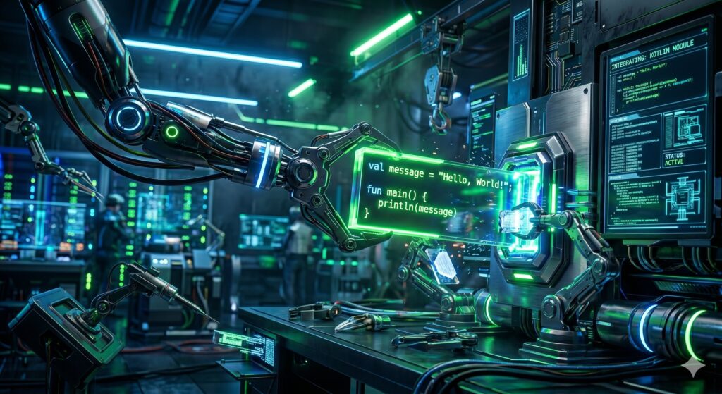 A futuristic cybernetic hook organizing glowing Kotlin code inside a vibrant blue and Android green machine.