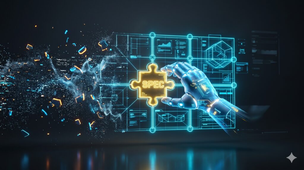 A futuristic 3D digital architecture grid transforming from chaotic data into organized code modules, representing Spec-Driven Development.