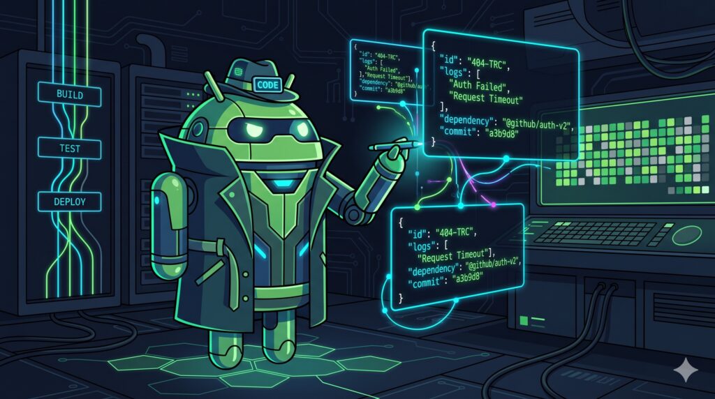An abstract representation of an Android robot analyzing structured JSON log data using artificial intelligence.